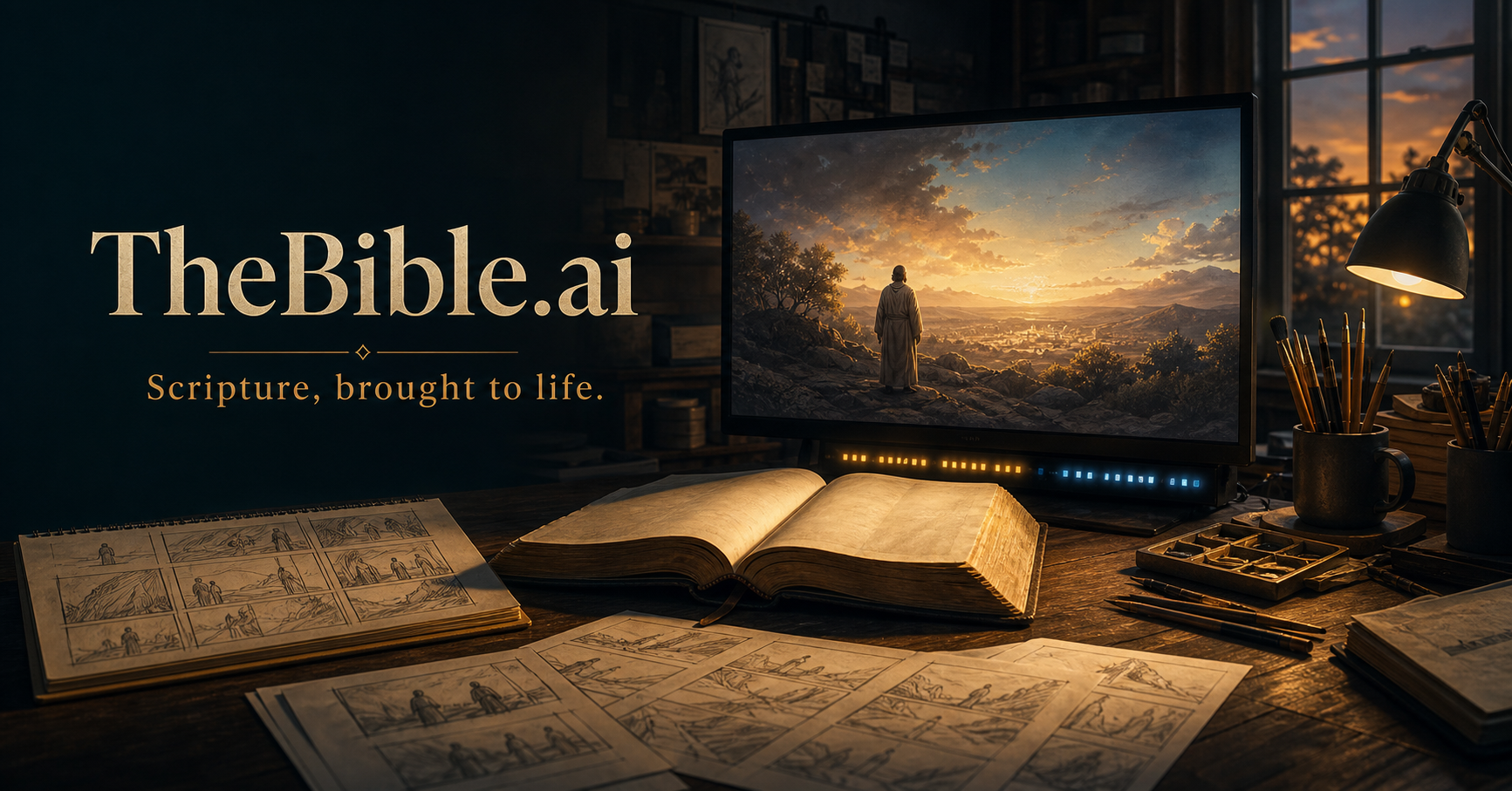 TheBible.ai concept frame showing an animation workspace, storyboards, an open Bible, and a cinematic scene in development